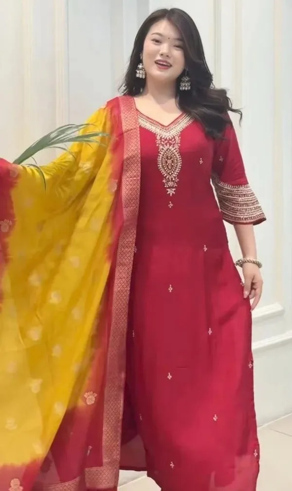 Red_Ethnic_Kurta_Set_With_Golden_Embroidery_And_Yellow_Dupatta