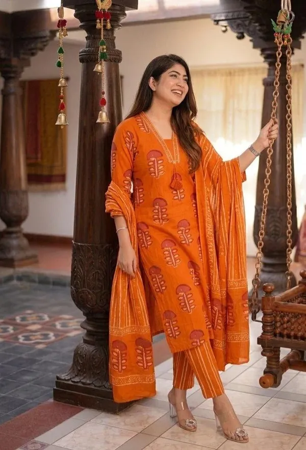 Orange_Block_Print_Threepiece_Ethnic_Suit_With_Dupatta