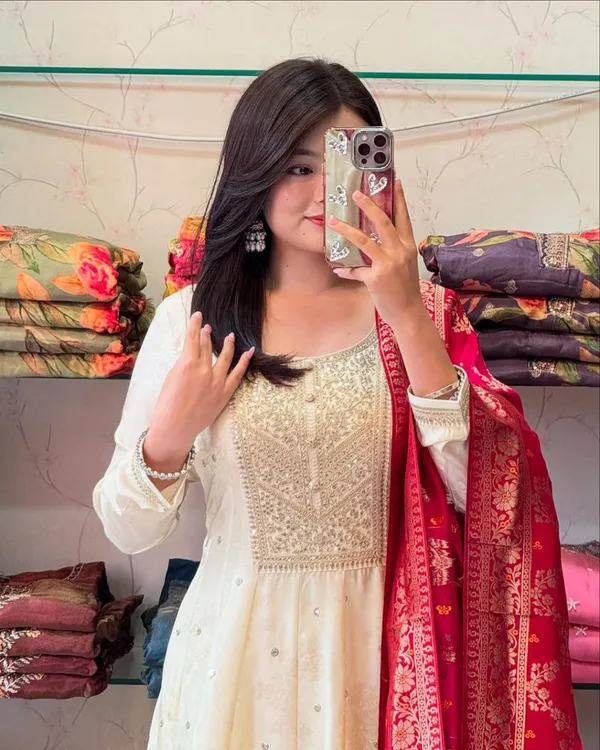 Cream_Anarkali_Suit_Set_With_Red_Embroidered_Dupatta