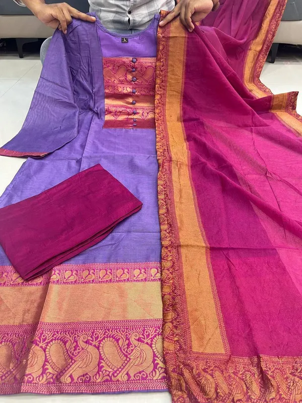 Purple_And_Pink_Silk_Cotton_Dress_Material_Set_With_Contrast_Border_And_Dupatta