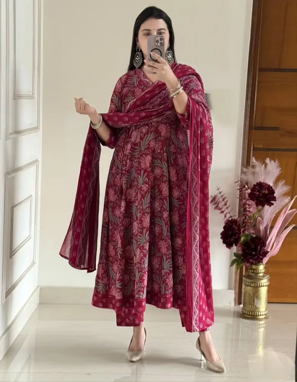 Maroon_Floral_Anarkali_Kurta_Set_With_Dupatta