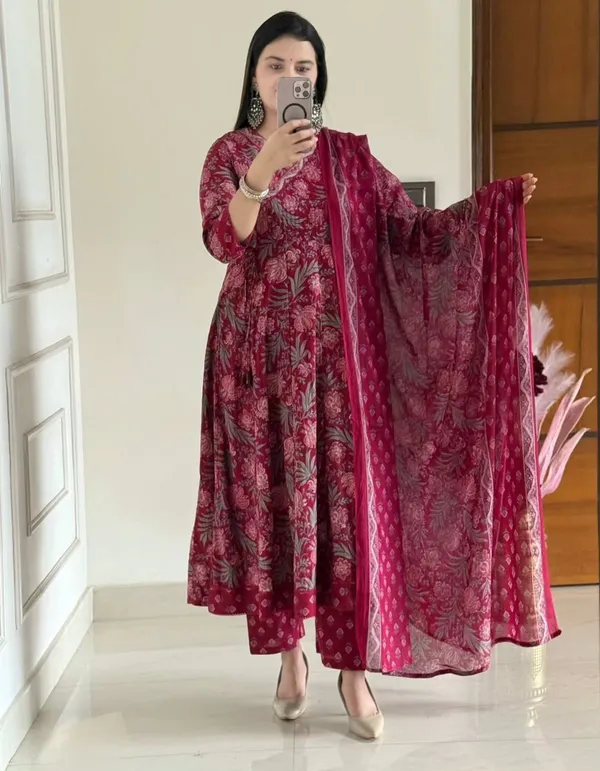 Maroon_Floral_Anarkali_Kurta_Set_With_Dupatta
