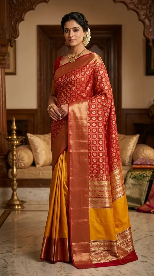 Festive_Red_and_Mustard_Yellow_Dual-Tone_Silk_Saree_with_Rich_Gold_Zari_Border