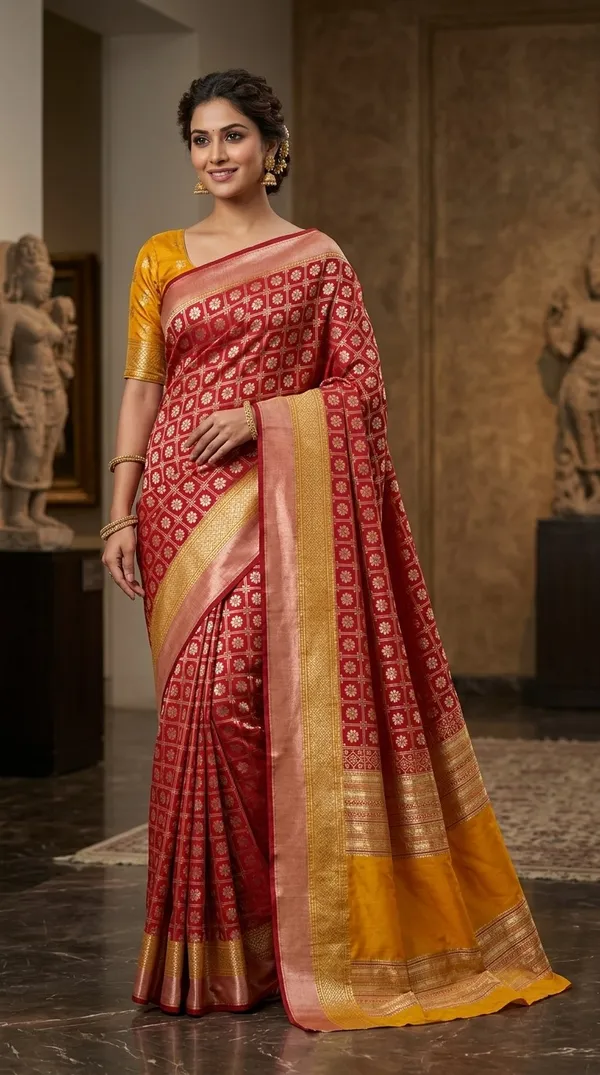 Festive_Red_and_Mustard_Yellow_Dual-Tone_Silk_Saree_with_Rich_Gold_Zari_Border