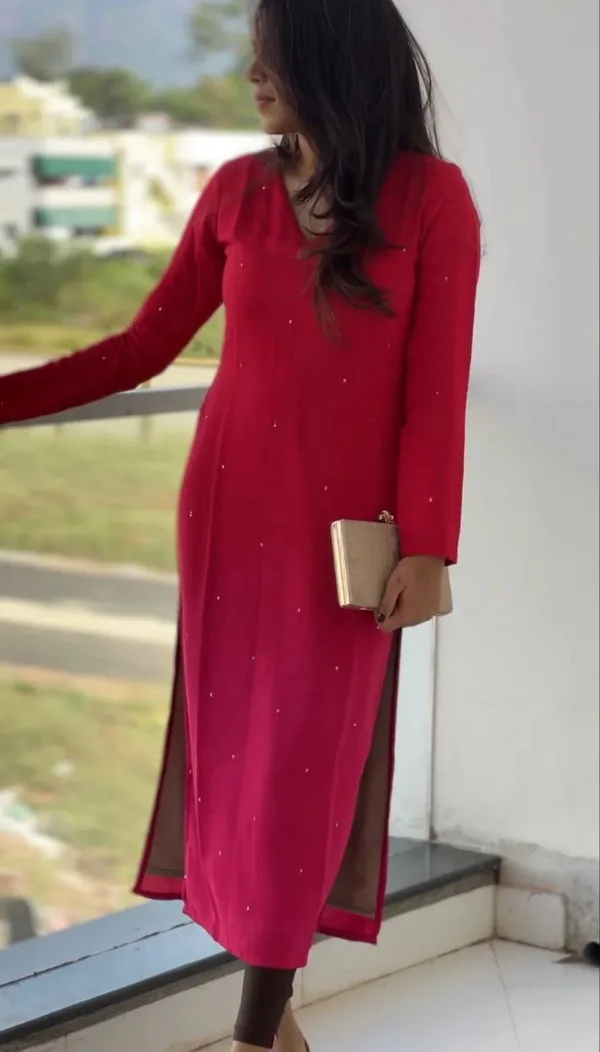 Red_Pearl_Embellished_Long_Kurti_With_Side_Slits