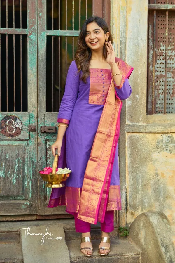 Purple_And_Pink_Silk_Cotton_Dress_Material_Set_With_Contrast_Border_And_Dupatta