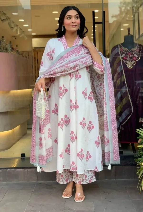 White_And_Pink_Floral_Block_Print_Kurta_Set_With_Dupatta