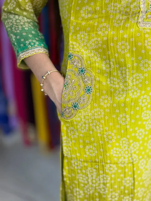 Lime_Green_And_Teal_Ombre_Bandhani_Print_Salwar_Suit_Set_With_Embroidered_Yoke_And_Sleeves