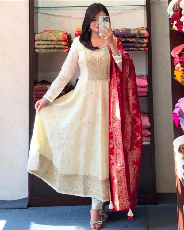 Cream_Anarkali_Suit_Set_With_Red_Embroidered_Dupatta