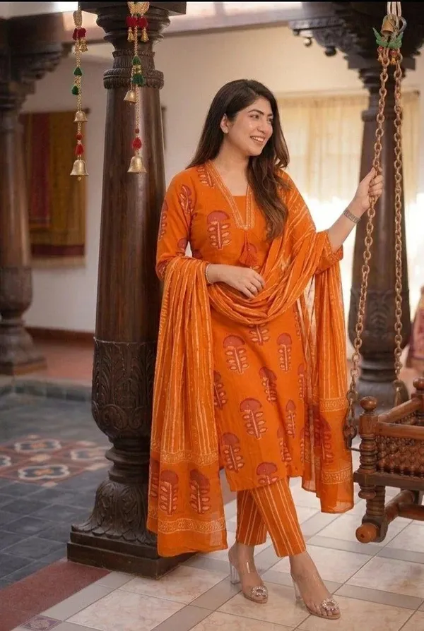 Orange_Block_Print_Threepiece_Ethnic_Suit_With_Dupatta