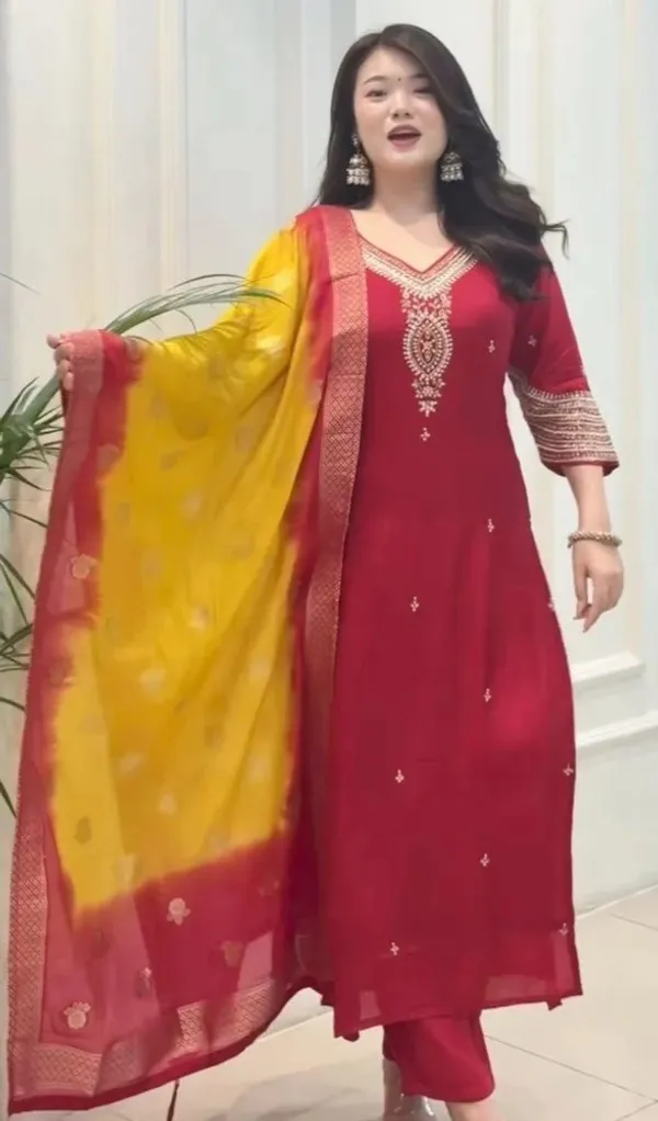 Red_Ethnic_Kurta_Set_With_Golden_Embroidery_And_Yellow_Dupatta