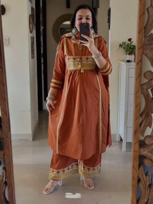 Orange_Printed_Kurta_Set_With_Striped_Pants_And_Dupatta