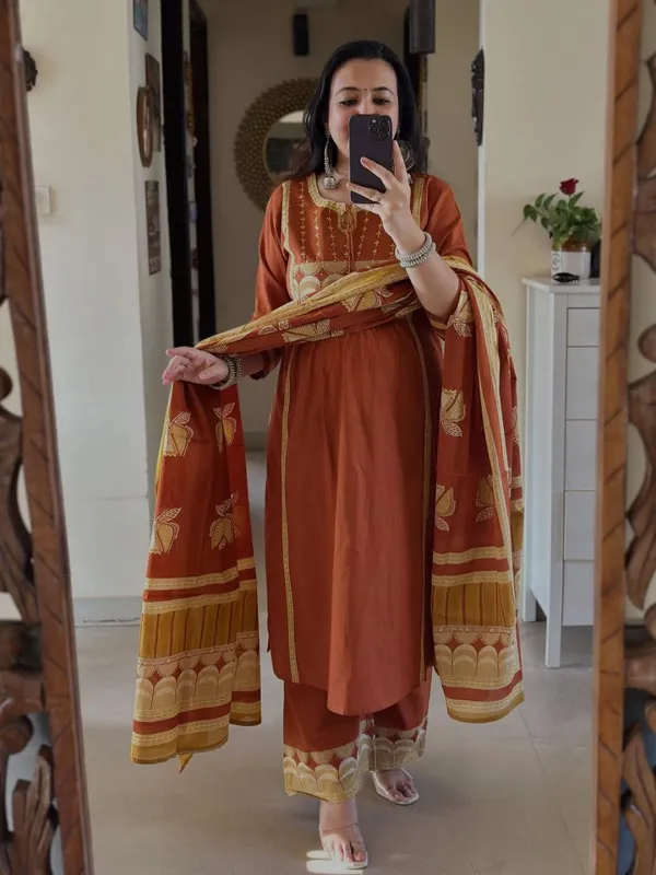 Orange_Printed_Kurta_Set_With_Striped_Pants_And_Dupatta