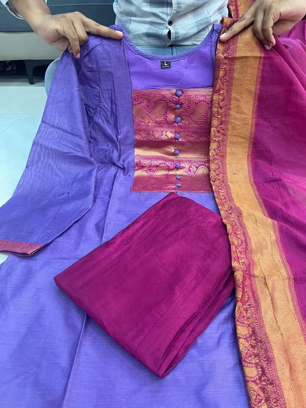 Purple_And_Pink_Silk_Cotton_Dress_Material_Set_With_Contrast_Border_And_Dupatta