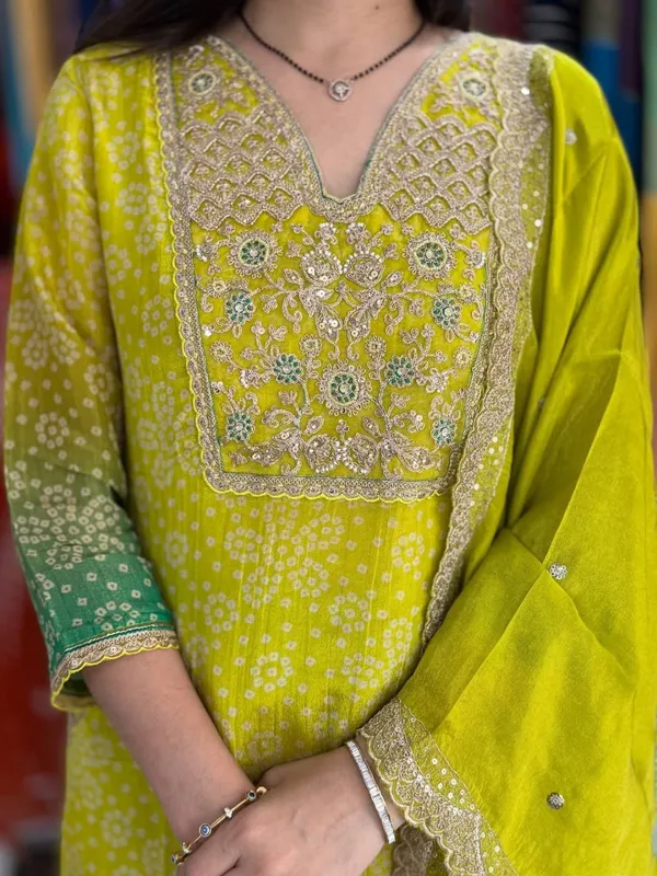 Lime_Green_And_Teal_Ombre_Bandhani_Print_Salwar_Suit_Set_With_Embroidered_Yoke_And_Sleeves