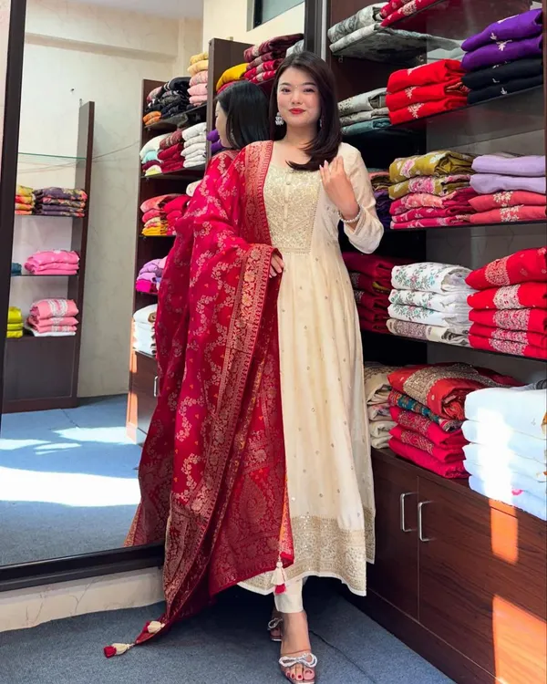 Cream_Anarkali_Suit_Set_With_Red_Embroidered_Dupatta