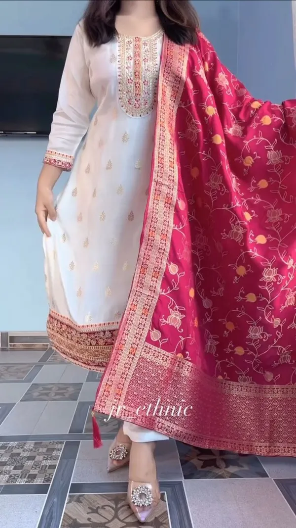 White_Ethnic_Suit_Set_With_Embroidered_Border_And_Red_Banarasi_Dupatta