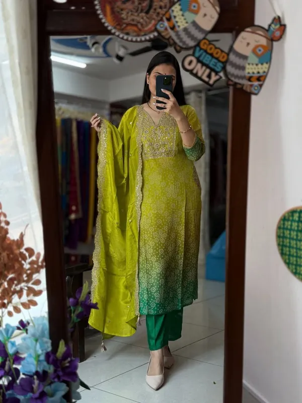 Lime_Green_And_Teal_Ombre_Bandhani_Print_Salwar_Suit_Set_With_Embroidered_Yoke_And_Sleeves
