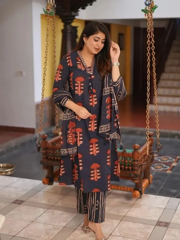 Brown_Printed_Kurta_Set_With_Striped_Pants_Womens_Ethnic_Wear