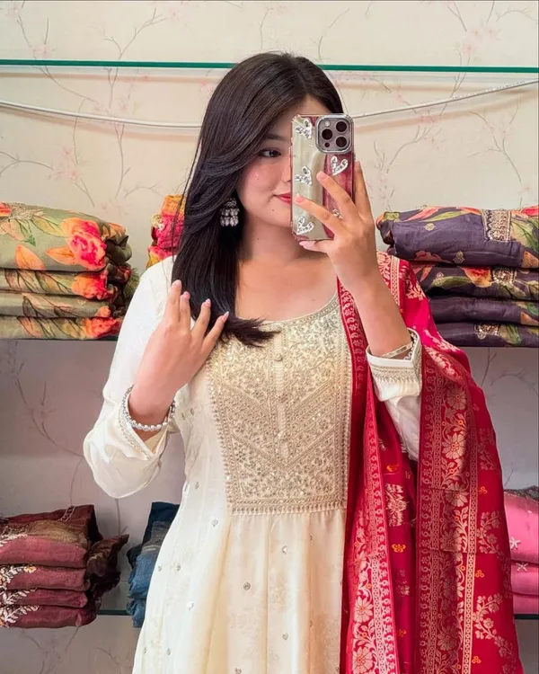 Cream_Anarkali_Suit_Set_With_Red_Embroidered_Dupatta