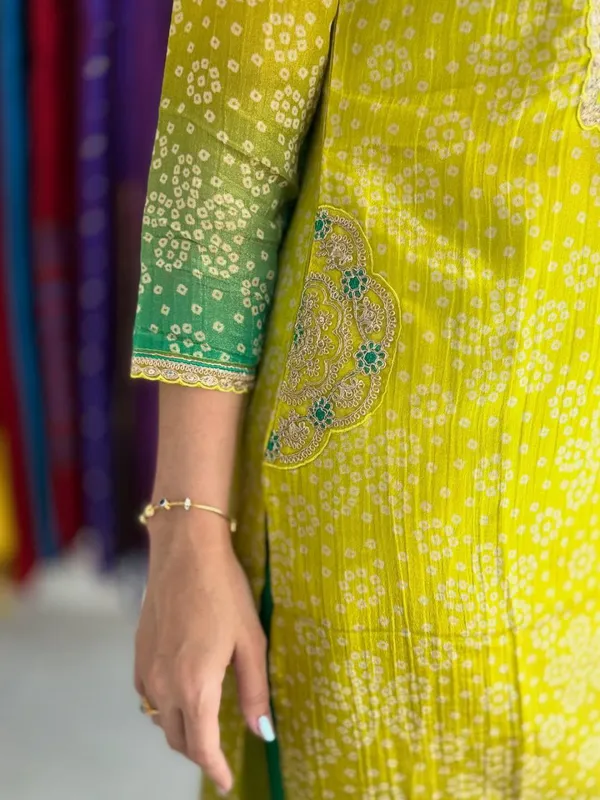 Lime_Green_And_Teal_Ombre_Bandhani_Print_Salwar_Suit_Set_With_Embroidered_Yoke_And_Sleeves