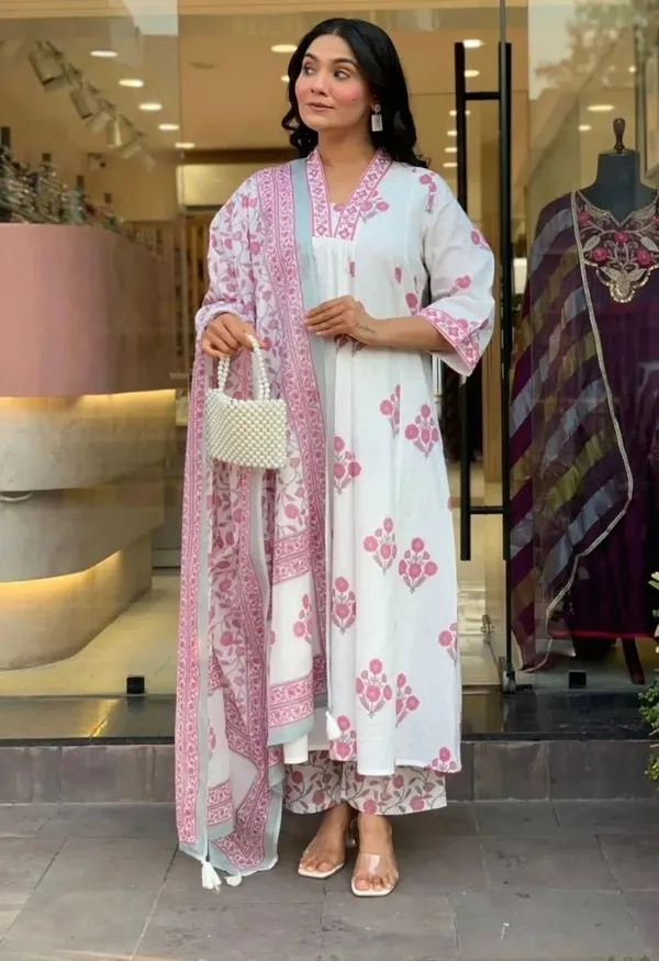 White_And_Pink_Floral_Block_Print_Kurta_Set_With_Dupatta