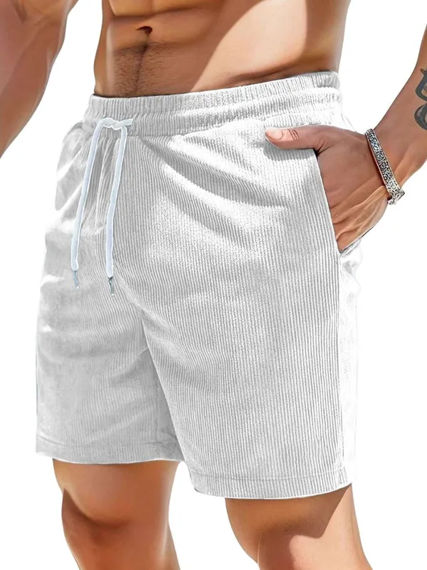 Mens_White_Elastic_Waist_Casual_Shorts