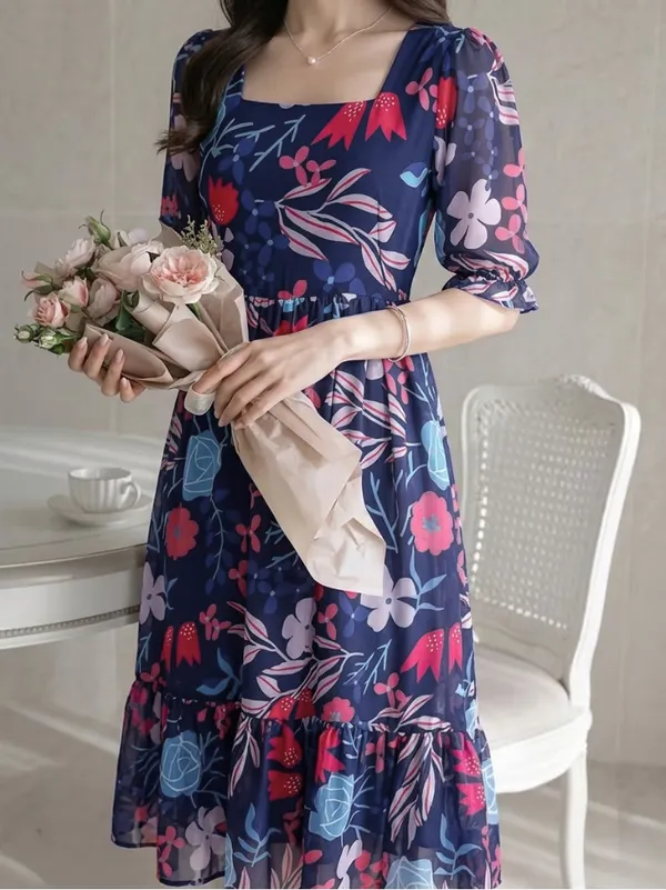 Navy_Blue_Floral_Print_Square_Neck_Puff_Sleeve_Midi_Dress_For_Women