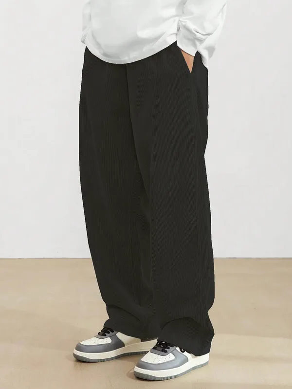 Mens_Solid_Black_Loose_Fit_Casual_Pants_With_Elastic_Waist