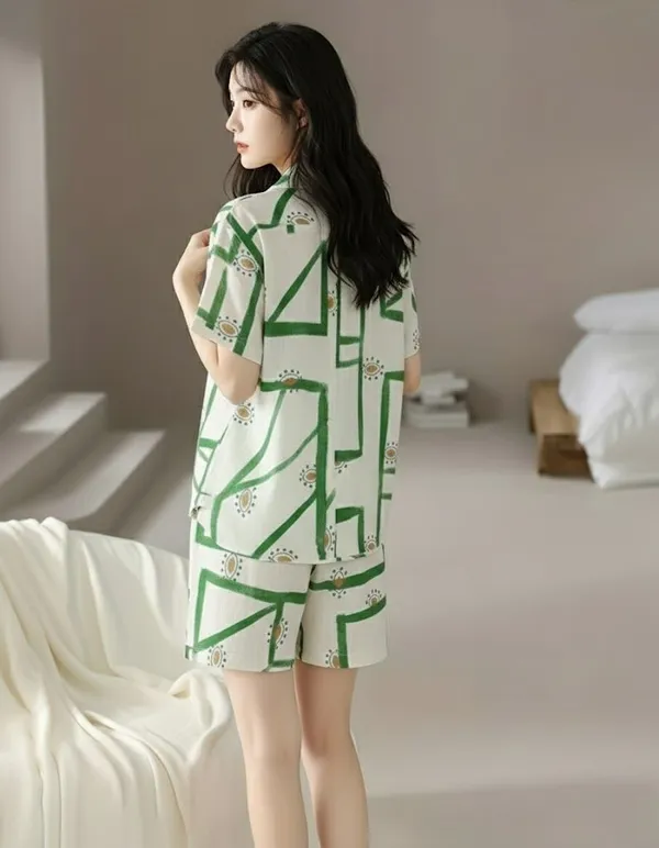 Green_Geometric_Print_Short_Sleeve_Pajama_Set_For_Women