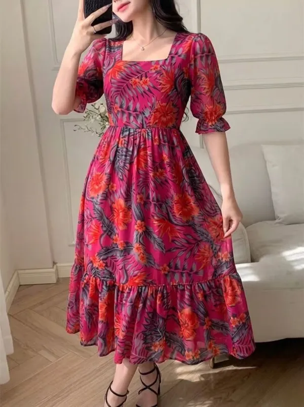 Vibrant_Floral_Print_Puff_Sleeve_Midi_Dress_For_Women