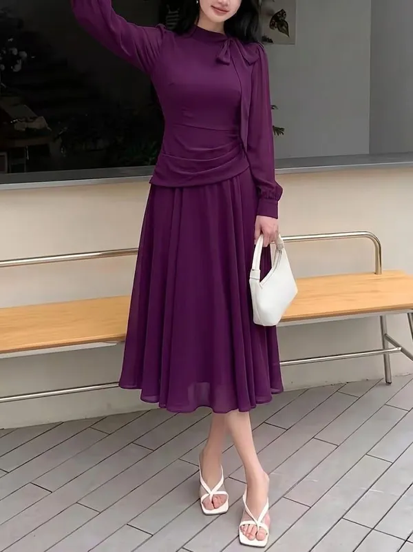 Purple_Chiffon_Midi_Dress_With_Bow_Neck_And_Ruched_Waist