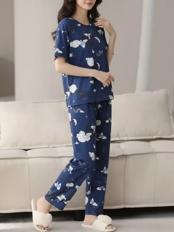 Womens_Navy_Blue_Cloud_&_Moon_Print_Cotton_Pajama_Set_-_Comfortable_Sleepwear