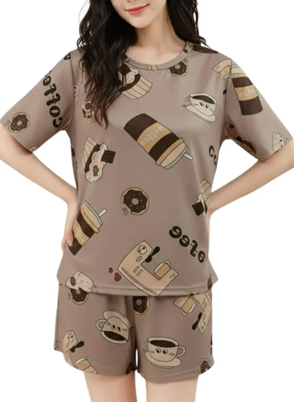 Womens_Coffee_Print_Pajama_Set_-_Short_Sleeve_Top_&_Shorts