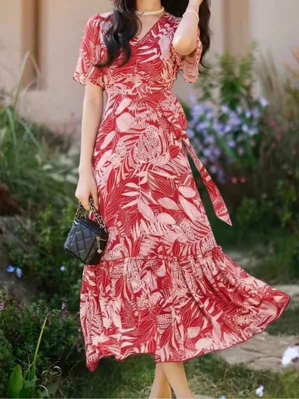 Red_Tropical_Print_Wrap_Dress_With_Ruffled_Sleeves