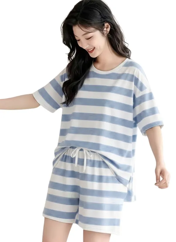 Blue_And_White_Striped_Cotton_Pajama_Set_For_Women