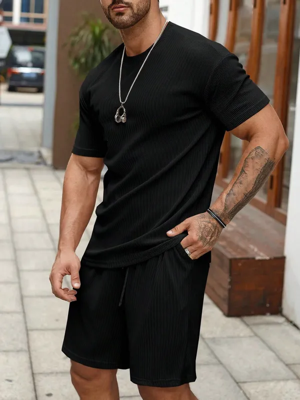 Mens_Ribbed_Black_T-Shirt_And_Shorts_Co-Ord_Set
