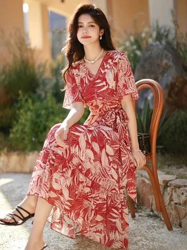 Red_Tropical_Print_Wrap_Dress_With_Ruffled_Sleeves
