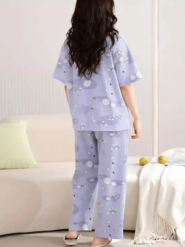 Womens_Lavender_Moon_&_Stars_Print_Cotton_Pajama_Set