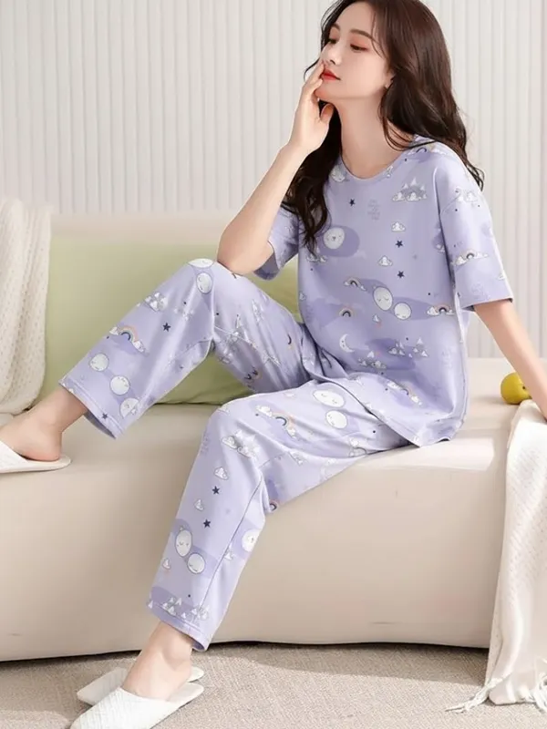 Womens_Lavender_Moon_&_Stars_Print_Cotton_Pajama_Set