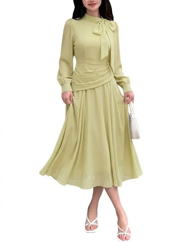 Womens_Yellow_Long_Sleeve_Dress_With_Bow_Neck_Detail
