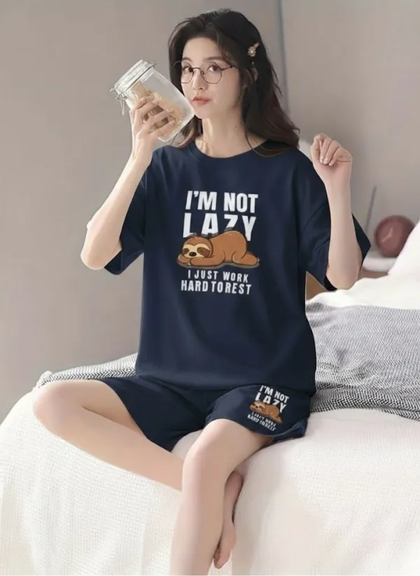 Im_Not_Lazy_Sloth_Print_Black_Cotton_Pajama_Set_-_Womens_Comfortable_Sleepwear