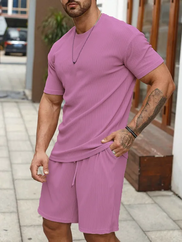 Mens_Ribbed_Co-Ord_Set_-_Mauve_Pink_T-Shirt_And_Shorts_Loungewear