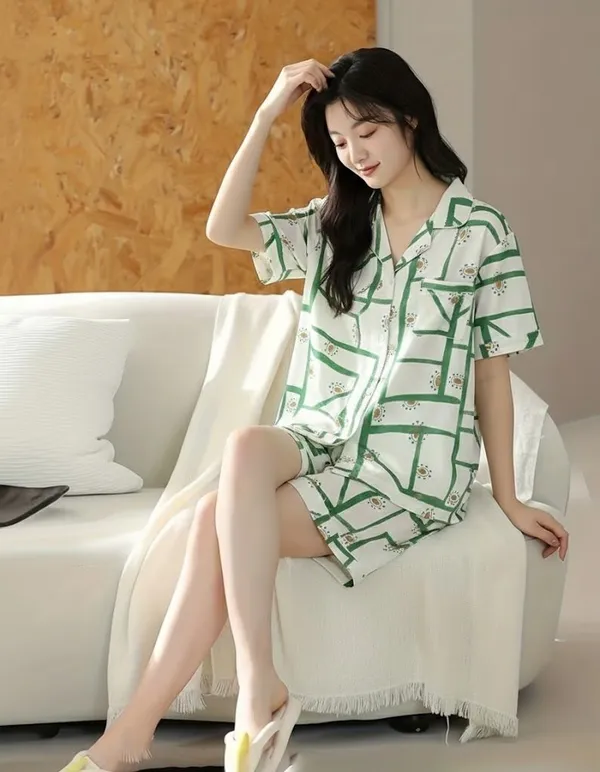 Green_Geometric_Print_Short_Sleeve_Pajama_Set_For_Women