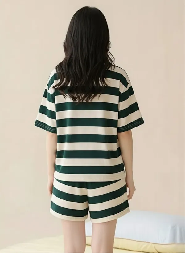 Green_And_Beige_Striped_Cotton_Loungewear_Set_For_Women
