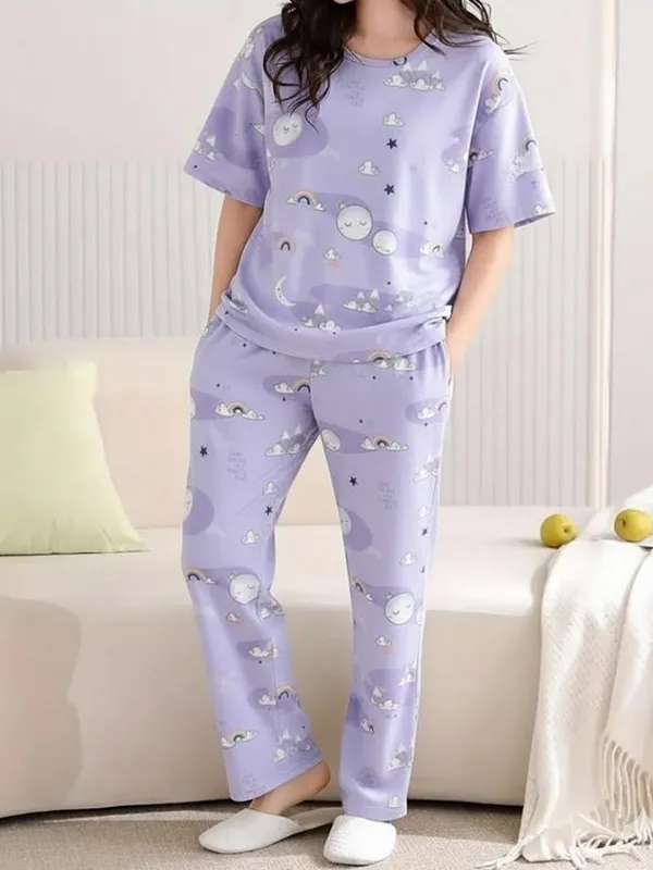 Womens_Lavender_Moon_&_Stars_Print_Cotton_Pajama_Set