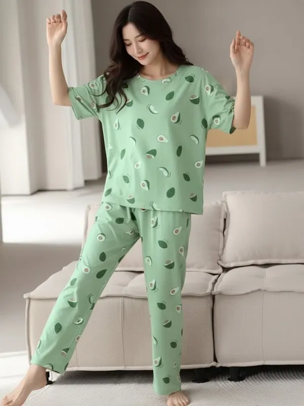 Womens_Green_Avocado_Print_Pajama_Set_-_Comfortable_Short_Sleeve_Sleepwear