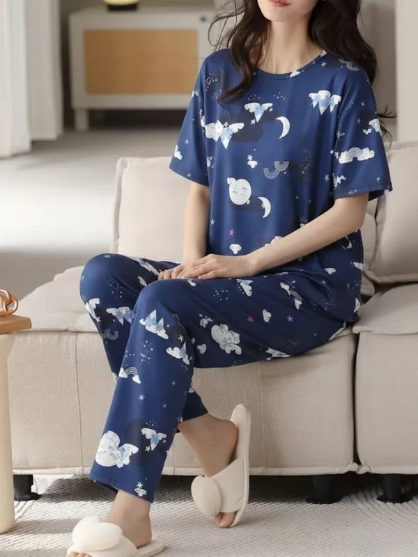 Womens_Navy_Blue_Cloud_&_Moon_Print_Cotton_Pajama_Set_-_Comfortable_Sleepwear