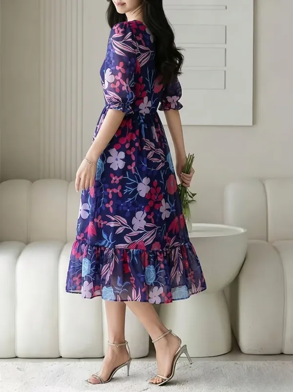 Navy_Blue_Floral_Print_Square_Neck_Puff_Sleeve_Midi_Dress_For_Women