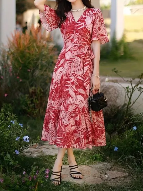 Red_Tropical_Print_Wrap_Dress_With_Ruffled_Sleeves